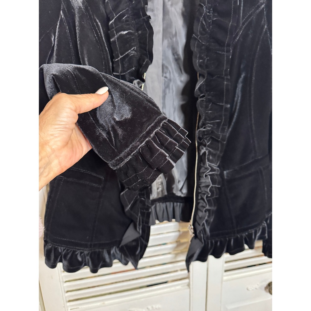 INC Black Velvet Goth Romantic Ruffle Blazer M Jacket Equestrian Riding Fairy - Picture 11 of 16